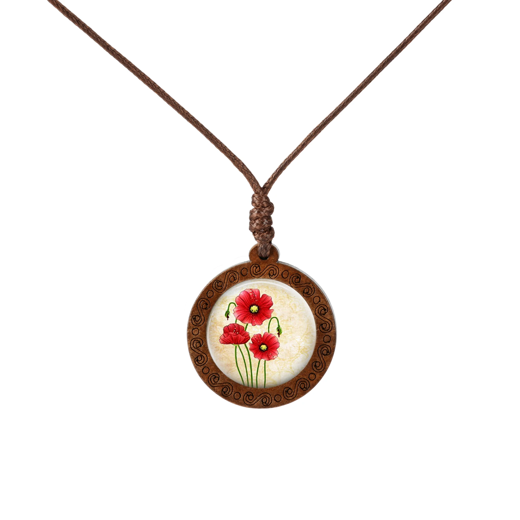 

Flower Dome Pendant Wooden Necklace Colorful Flower Women Jewelry Vintage Long Chain Cabochon Wax Rope Necklace Accessories
