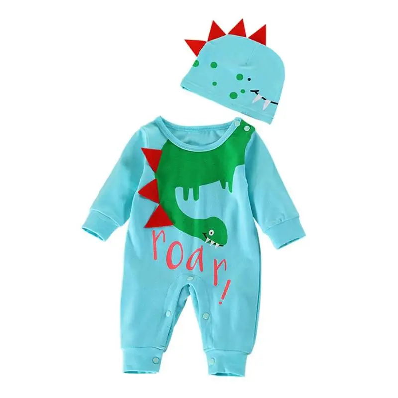 

2pcs Cotton Clothing Set Cute Cartoon Dinosaur Baby Rompers Hat Outfits