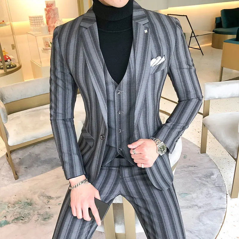 

2018 Winter Mens Striped Suit Fall Wedding Groom Suit Black Grey Stripe Busines Formal Suit Costume Mariage Homme Gray Tuxedo