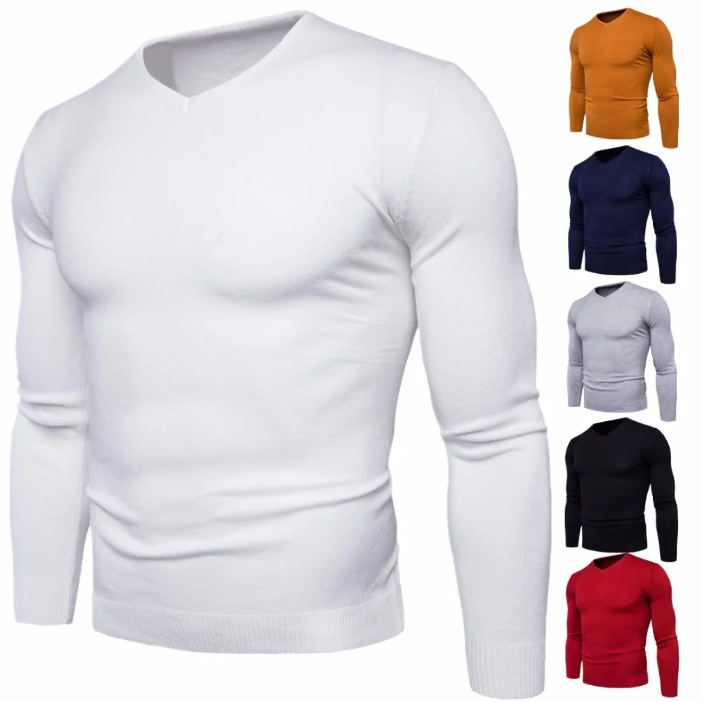 

2018 Autumn winter men's V-neck sweater Fashion Slim Fit solid color Knitted long-sleeved Pullovers men's sweater Tops M-2XL