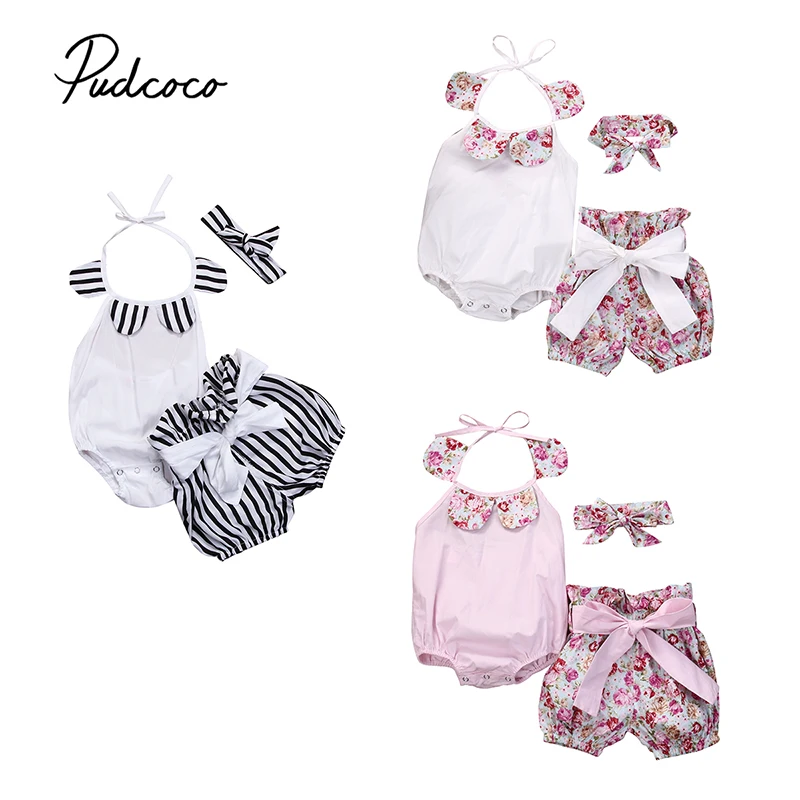 2019 Brand Kids Baby Girl Clothes Cute Floral Striped Flower Collar Bodysuit Tops+Bow Shorts 3Pcs New Fashon Summer Clothing Set