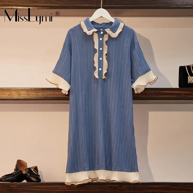 

L-4XL Plus Size Women Blue Dress Summer 2019 Cute Peter Pan Collar Short Sleeve Patchwork Ruffle Loose Casual Short Dresses