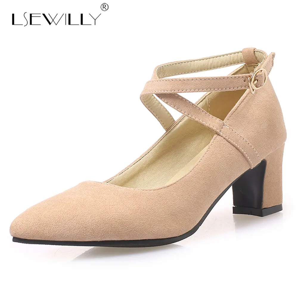 

Lsewilly new fashion basic pumps women shoes thick heels 5cm pointed toe flock high heels wedding shoes woman Size 30-48 E564