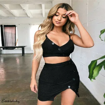 

Two Pieces Women Strap Summer Sexy Button 2 Piece Bodycon V neck Crop Top +Split Skirt Set Sleeveless Mini Skirts Party Club