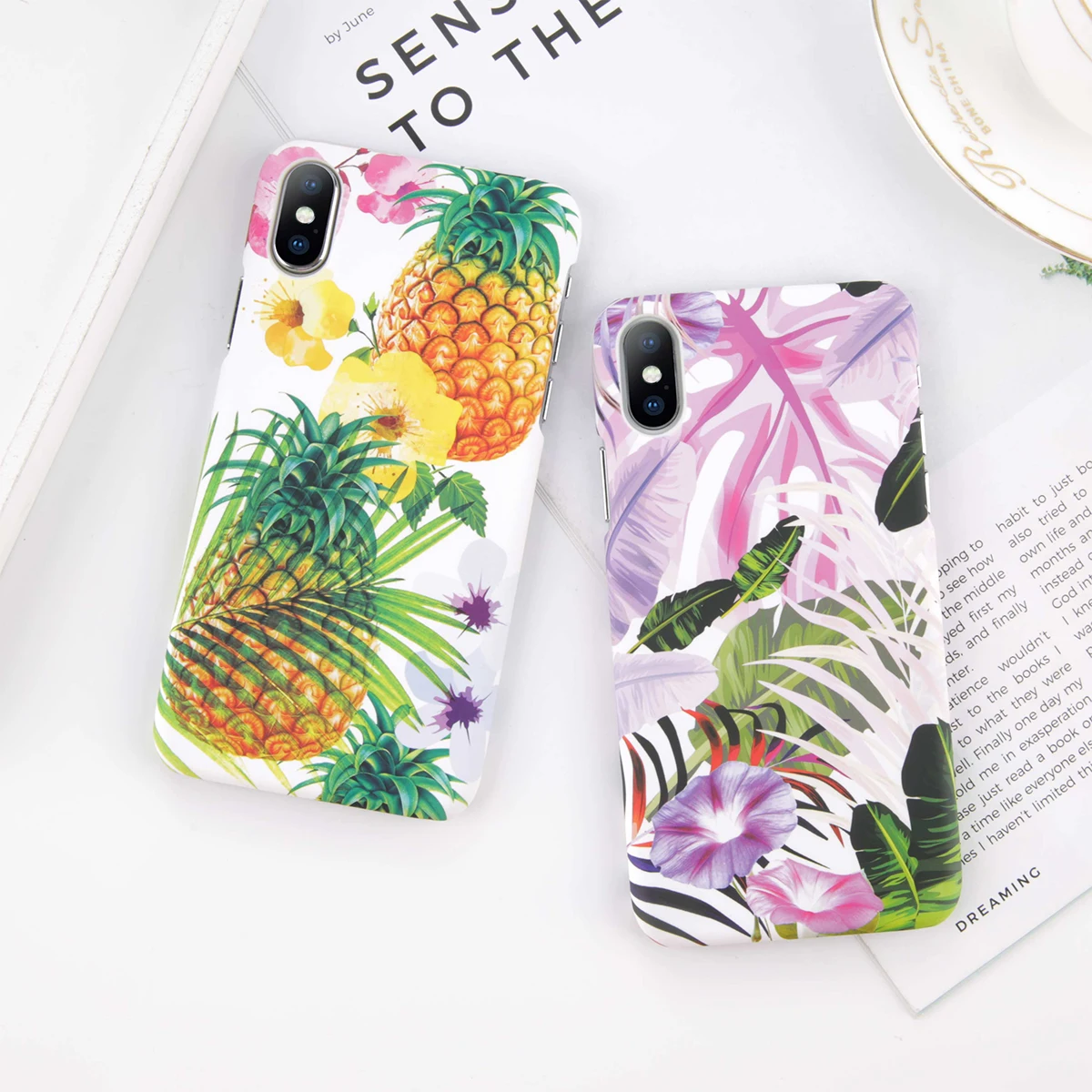 

KJOEW Cartoon Pattern Case For iPhone X 6 6S 7 8 Plus Cute Fruit Flower Printed Back Cover Morning Glory Banana Leaves Shell
