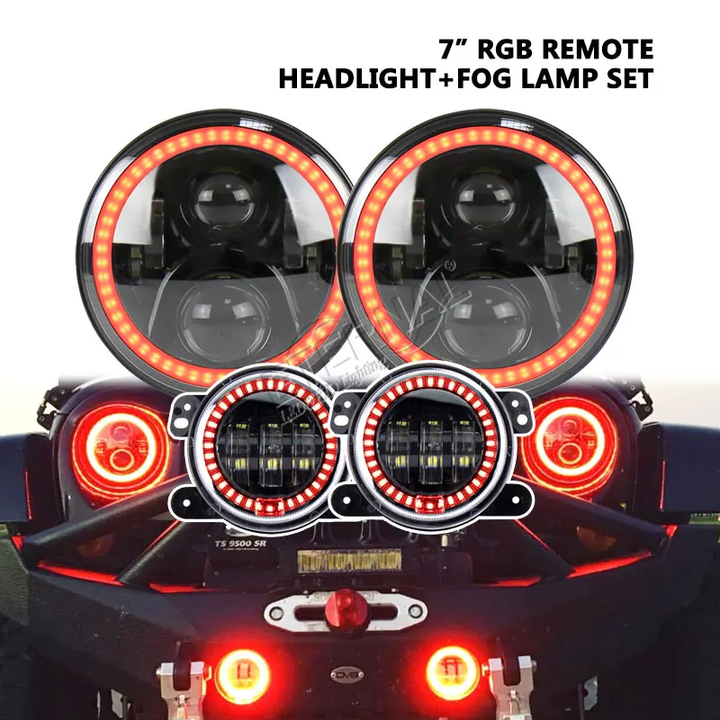 

free bluetooth remote 7inch 60W RGB LED headlight H4 H13+ 4inch RGB led fog light for offroad Wrangler Rubicon JK 4x4 truck auto