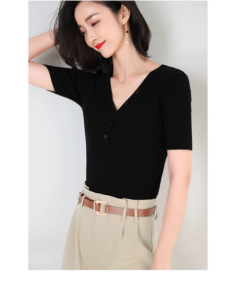 Spring and summer new style Korean women's solid color knitted Chiffon shirt Slim-fit sweater top