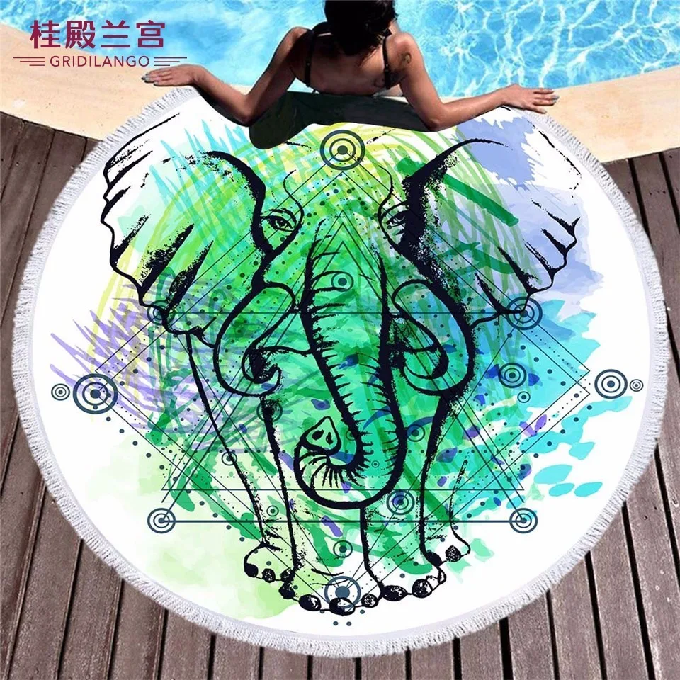 

GRIDILANGO Multicolor Indian Elephant Round Beach Towels Microfiber Bath Towel Printed Mandala Boho for Adults Yoga Mat Tapestry