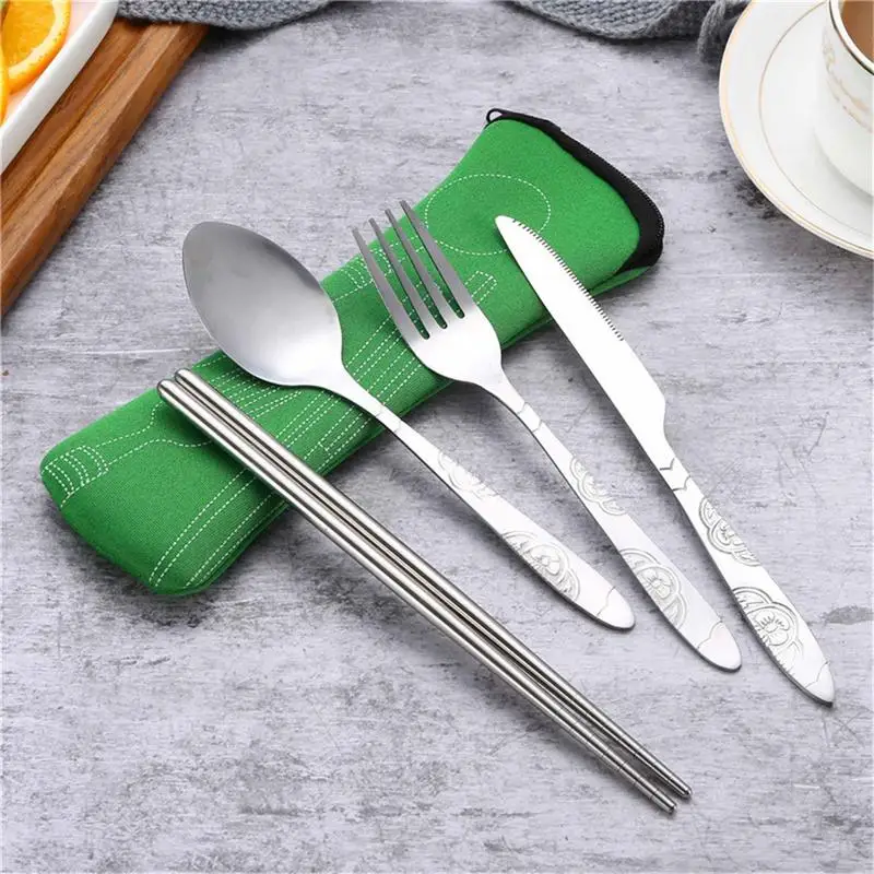 F-blue Foldable 304 Stainless Steel Forks Spoons tableware set portable Kit Portable Outdoor Multifunctional Tableware Set