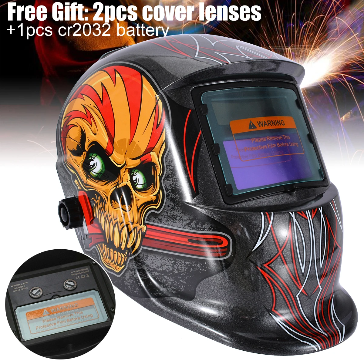 

New Skull Pattern Welding Helmet Solar Energy Auto Darkening Welder Mask Lens Grinding Hood Cap + 2 Baffle for Welding Machine
