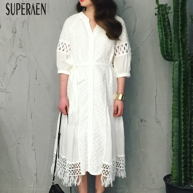 

SuperAen V-neck Women Dress Solid Color Cotton Fashion Wild Dress Female Spring New 2019 Korean Style Women Clothing