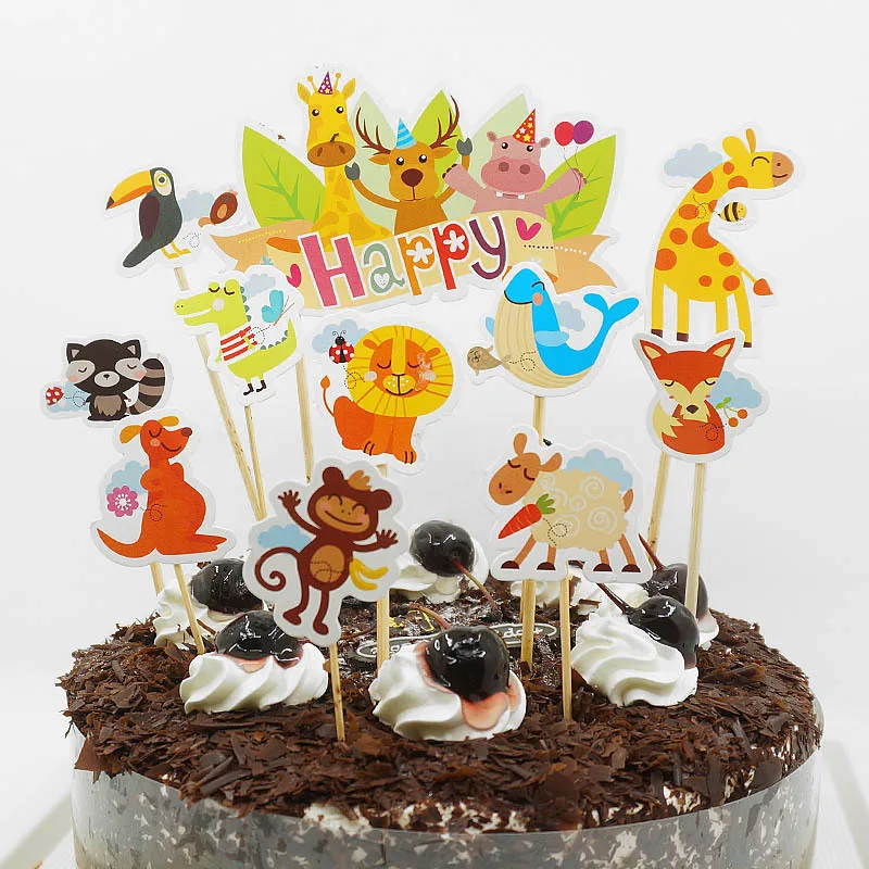 

11PCS/set DIY Happy Jungle Party Decoration Cartoon Animals Cake Wrapper Lion Cake Topper Tiger Insert Flags Cake Decor Tools