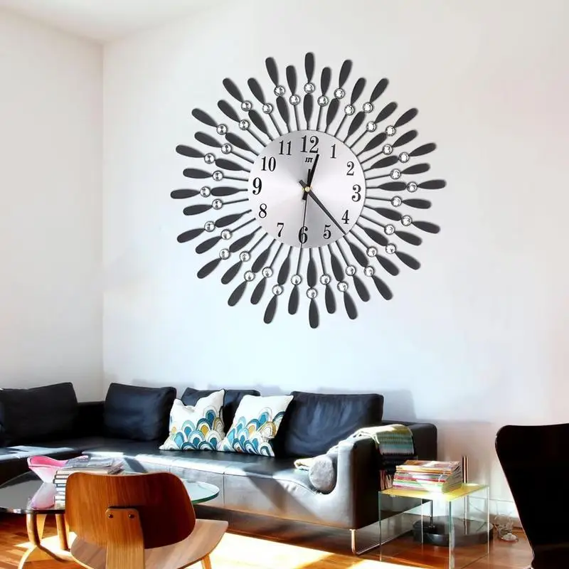

European Wrought Iron Diamond Flower Fashion Wall Clock Living Room Bedroom Silent Metal Wall Clock