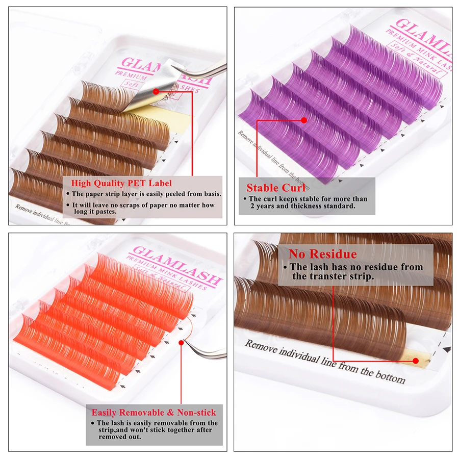 GLAMLASH Натуральный Мягкий Фиолетовый Синий Коричневый зеленый красный цвет Наращивание ресниц премиум индивидуальные норковые ресницы макияж cilio для строительства