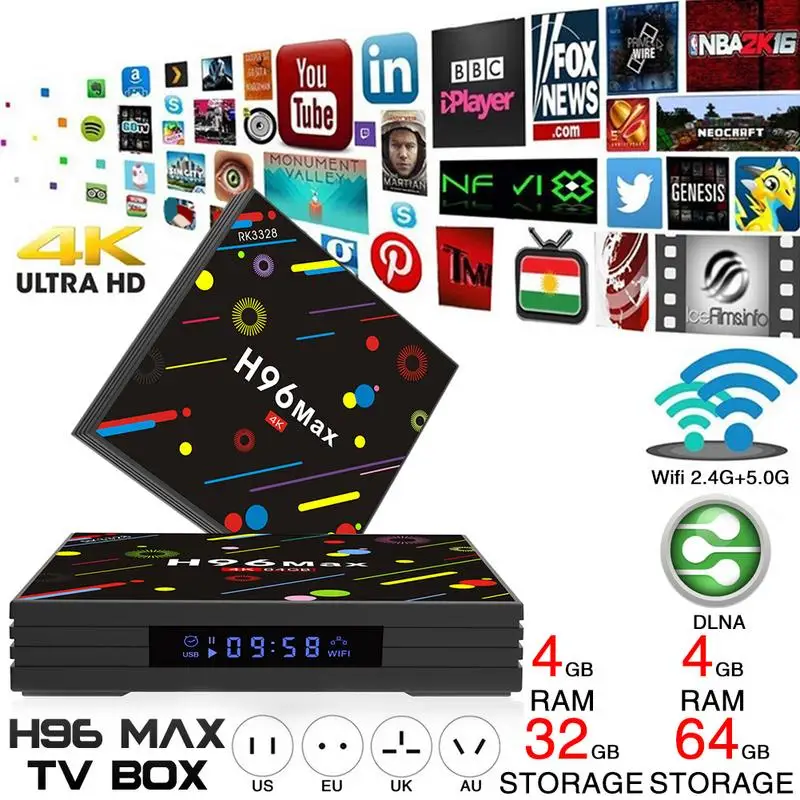 

H96 Max RK3328 Quad-Core 64bit Cortex-A53 4G+64GB Network Player Android 7.1 TV Box 4K HD Smart TV Box Set Top Box
