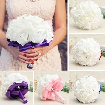 

2019 Newest Handmade bouquet Crystal Bridal Wedding Bouquet Silk Flower Rose Bridesmaid Brooch Decor Hot Artificial Decorations