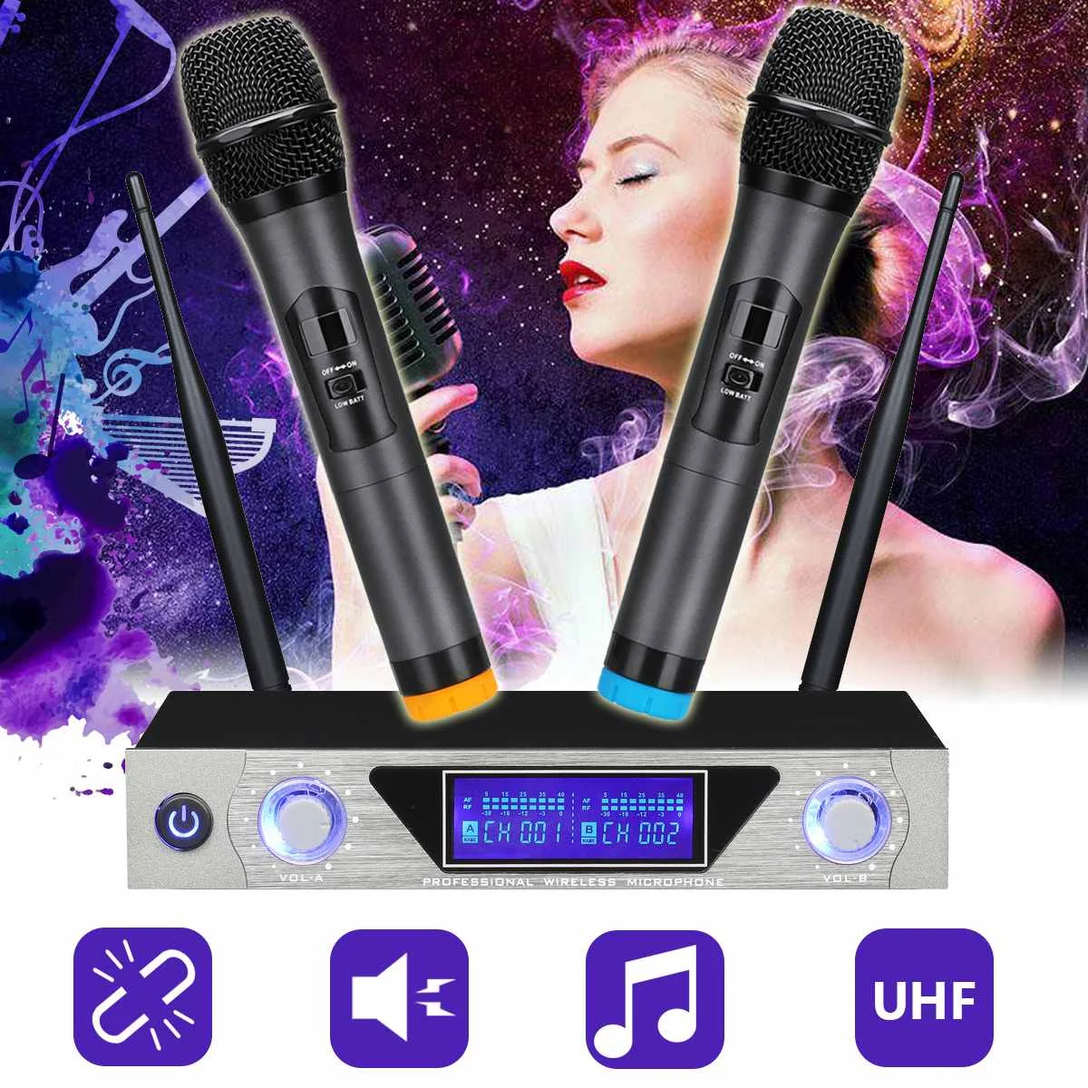 

UHF Wireless Microphone System 2 x Microphones High-fidelity Reproduce True Voice Voice Compression Large Receiving Range