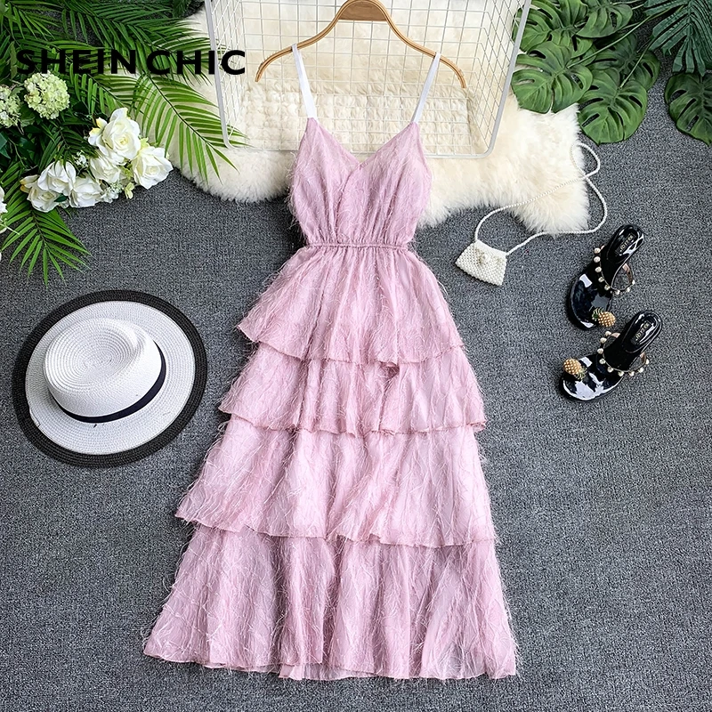 

Korean Summer Women 2019 Cascading Ruffle Dress Sweet Tassel V Neck Spaghetti Strap Midi Dress Pink White A Line Vestido