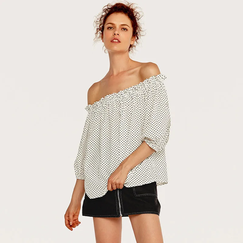 

New Arrival White Black Off Shoulder Blouse Casual Polka Dot Chiffon Blouse Three Quarter Sleeve Tops Blusa Mujer Manga Larga