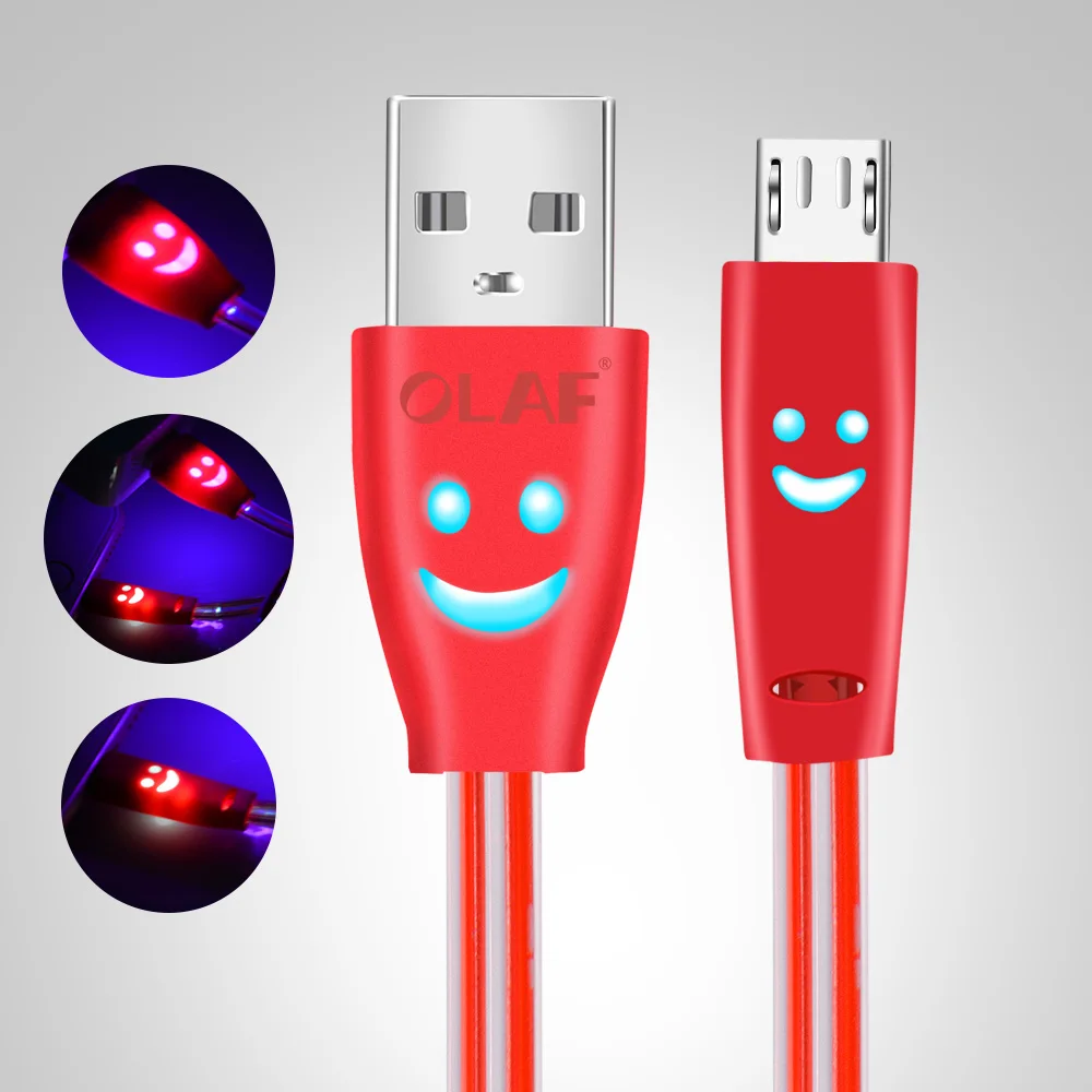 أولاف LED المصغّر usb وصلة كابل الهاتف المحمول الكابلات متوهجة مبتسم الوجه شحن سلك ل سامسونج xiaomi huawei كابل بيانات أندرويد