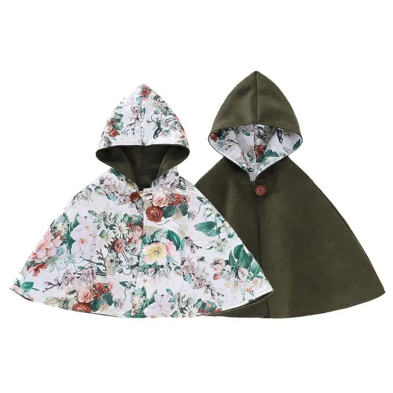 

Baby Girl Cloak Floral Print Princess Pattern Hooded Two-sided Coat Outwear Anti Wind Cape Children Kids Jacket Cloak Clothes