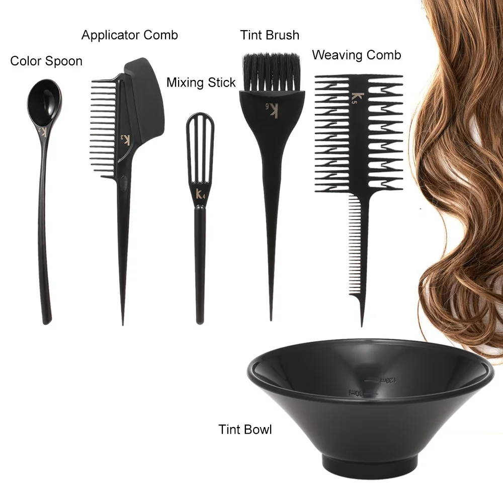 6pcs Hair Color Mixing Dye Kit Hair Highlight Coloring Set Salon Tool Hair Dyeing Tint Brush Comb Bowl Personal or Salon Use