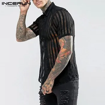 

INCERUN Fashion Sexy Men Striped Shirt Button Up Short Sleeve Transparent Tops See Through Nightclub Party Men Shirts 2019 S-5XL