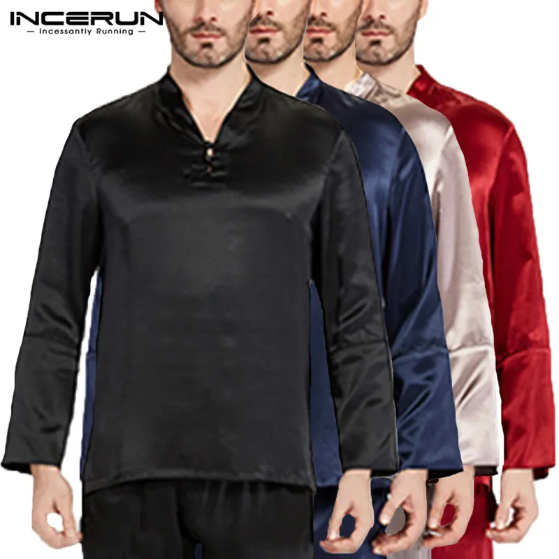 INCERUN пижамы Мужская футболка с длинным рукавом Пуловеры для женщин атласный шелк Человек Топы корректирующие домашняя одежда