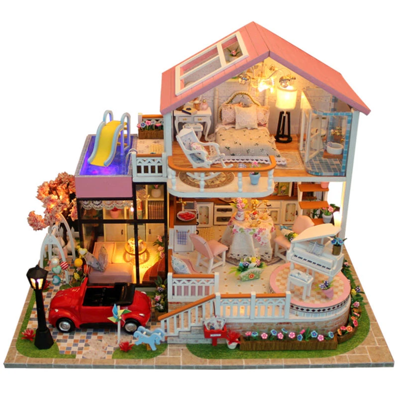 

Garden Style DIY Doll Home Miniature w/ Light Car Model Gift for Teen Friends