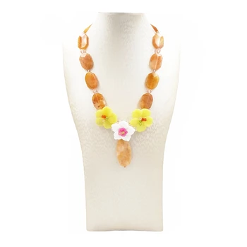 

LiiJi Unique Natural Yellow Jades With Flowers Necklace with Shell Toggle Clasp 48cm