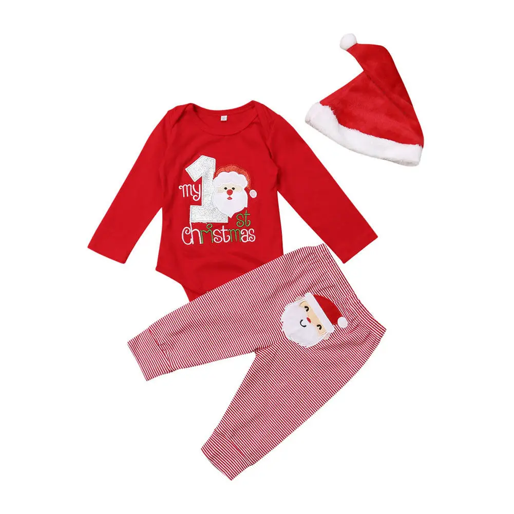 

Christmas Party Cute Toddler Baby Boy Girl Clothes 3PCS Warm Print Romper Striped Pants Santa Hat Outfits Set Clothes