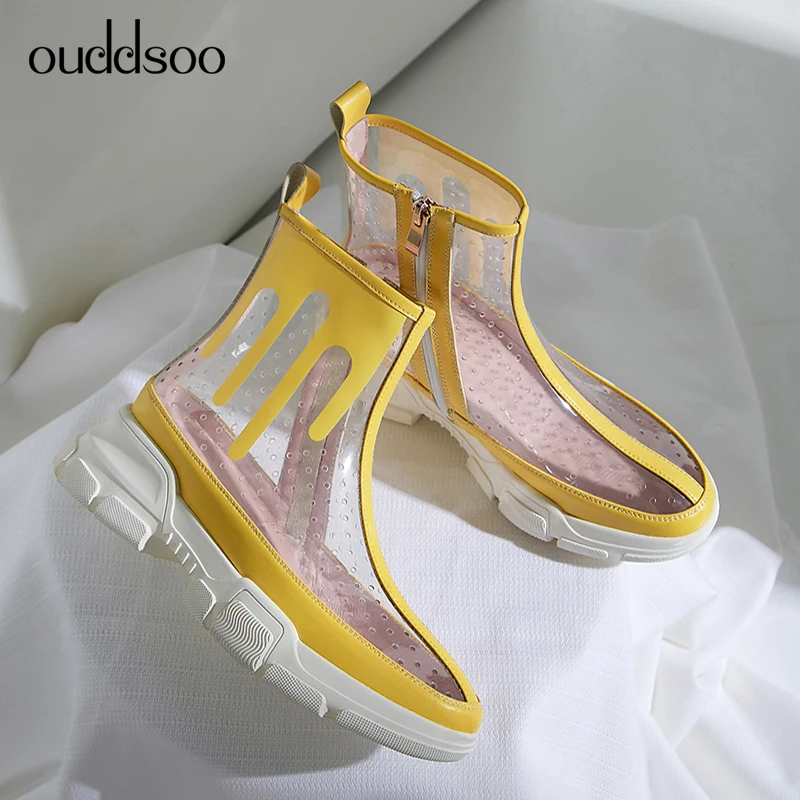 

Ouddsoo Breathable Breath Ankle Boots Sexy Pvc Transparent Boots Heels For Women Platform Botas Female Ladies Woman Shoes Zipper