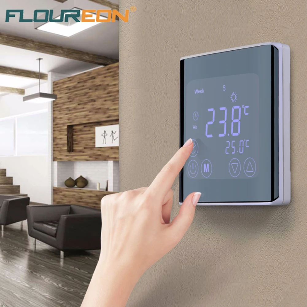 

Weekly Programmable Underfloor Heating Thermostat LCD Touch Screen Room Temperature Controller Thermostat White Backlight