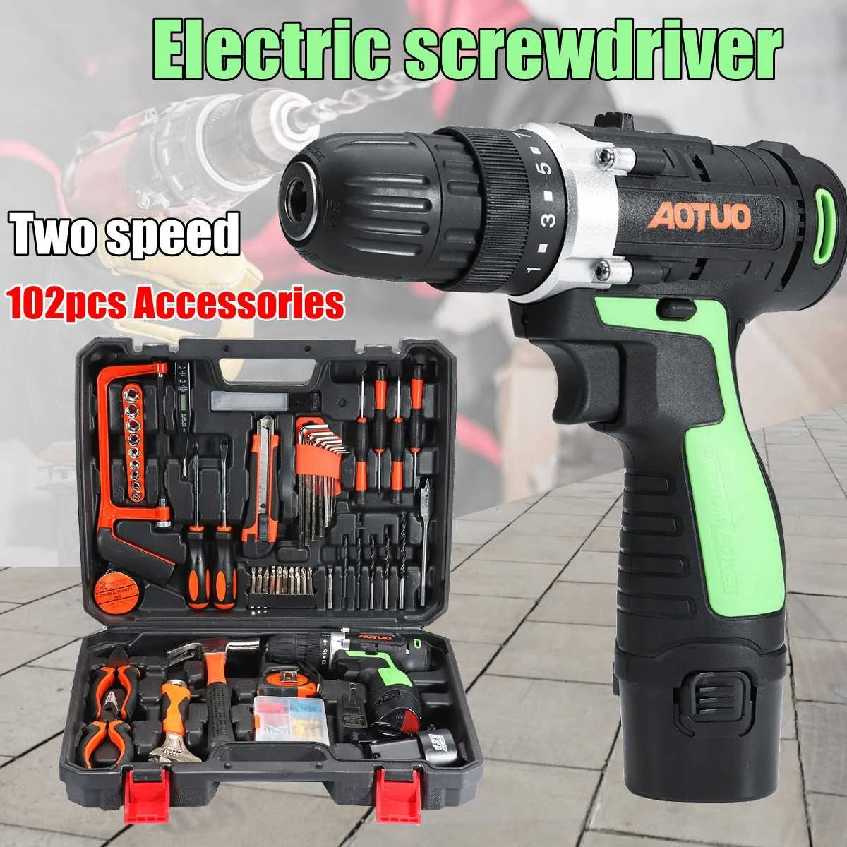 

AOTUO 102Pcs 12V Li-Ion Cordless Power Drills Kit Electric Screwdriver Single/Double Speed 2 Battery