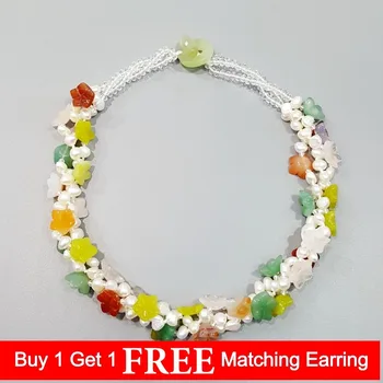 

LiiJi Unique Freshwater Pearl Rose Quartzs Korea Jades Green Aventurine Agates Flowers Toggle Clasp Necklace