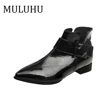

MULUHU Spring Woman Leather Shoes Fashion Square Heel Casual Shoes Side Pull Martin Boots Sexy Retro Dress Shoes High Quality