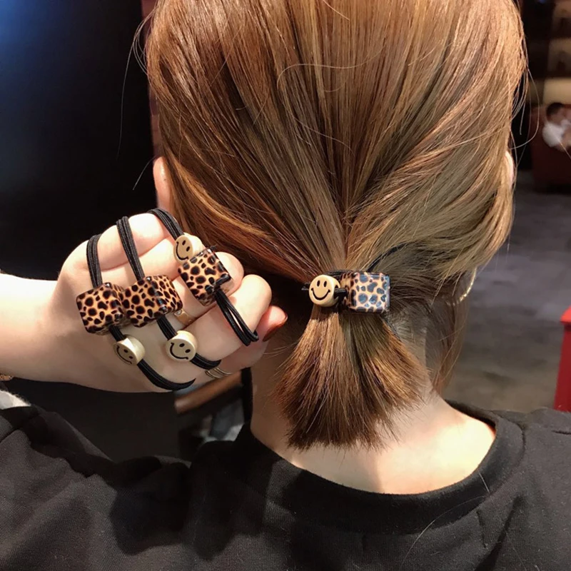 

hot fashion cute rabbit ears leopard hair rope acrylic square creative expression elastic bow hair band rubber belt ponytail