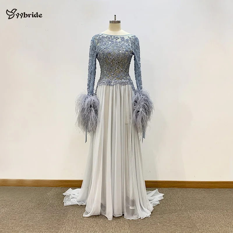 

Cheap Price Light Grey Color Lace and Chiffon Prom Dresses Full Sleeves with Feathers Boat-Neck Backless Sexy Evening Dresses