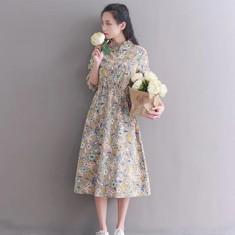 

Spring Autumn Women Vintage Flower Print A-Line Dress Ruffled Collar Long Sleeve Corduroy Midi Dress