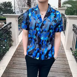 2019 г. Летняя мужская гавайская рубашка короткий рукав принт мужская одежда рубашки узкие в британском стиле Fit Повседневное Для мужчин