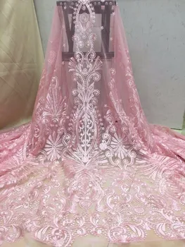 

Pink African Lace Fabric With Sequins Embroidered Appliqued French Tulle Lace Fabrics For African Women Wedding