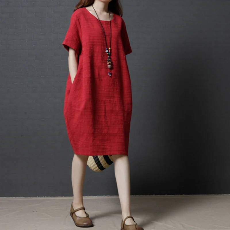 

Summer Women Dress Linen Loose Baggy Blouse Beach Pocket Short Sleeve Pure Dress