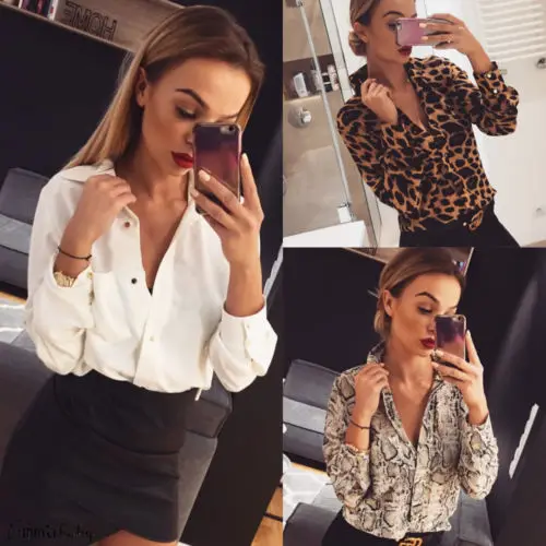 

Fashion Women Long Sleeve V neck Casual Shirt Leopard print Tops Blouse Shirts Plus Size Hot