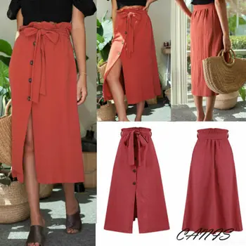 

2019 Sexy Womens Midi Skirt High Waist Front Slit A line Skirts Button Bandage Long Solid Skirt