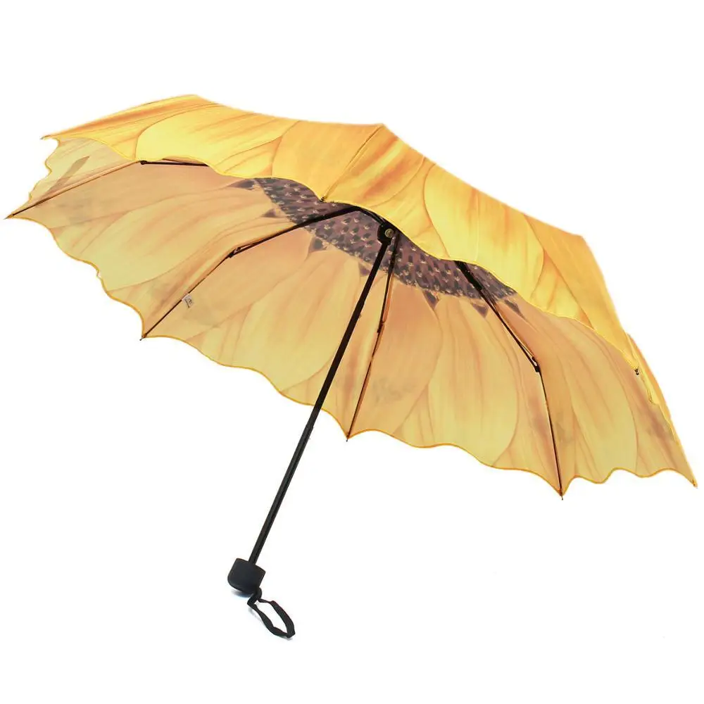 3D с подсолнухом детский зонтик Для женщин Три Складной Ветрозащитный Wasterproof Зонтик Солнечный дождливый Для женщин рисунок: цветы от солнца, дождя