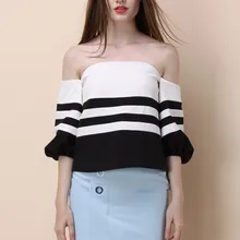 Футболка без бретелек лоскутное Slash шеи полосатый топ женские рубашки рубашка с открытыми плечами высокое качество Новое поступление Лето