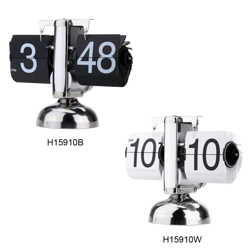 Small Scale Table Clock Retro Flip Over Clock Stainless Steel Flip Internal Gear Operated Quartz Clock Black White