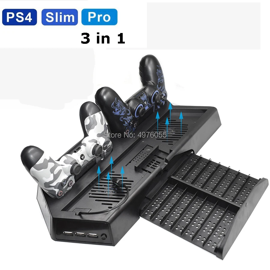 Тонкий вертикальный охлаждающий вентилятор PS4 Pro с двойной зарядной станцией и 3