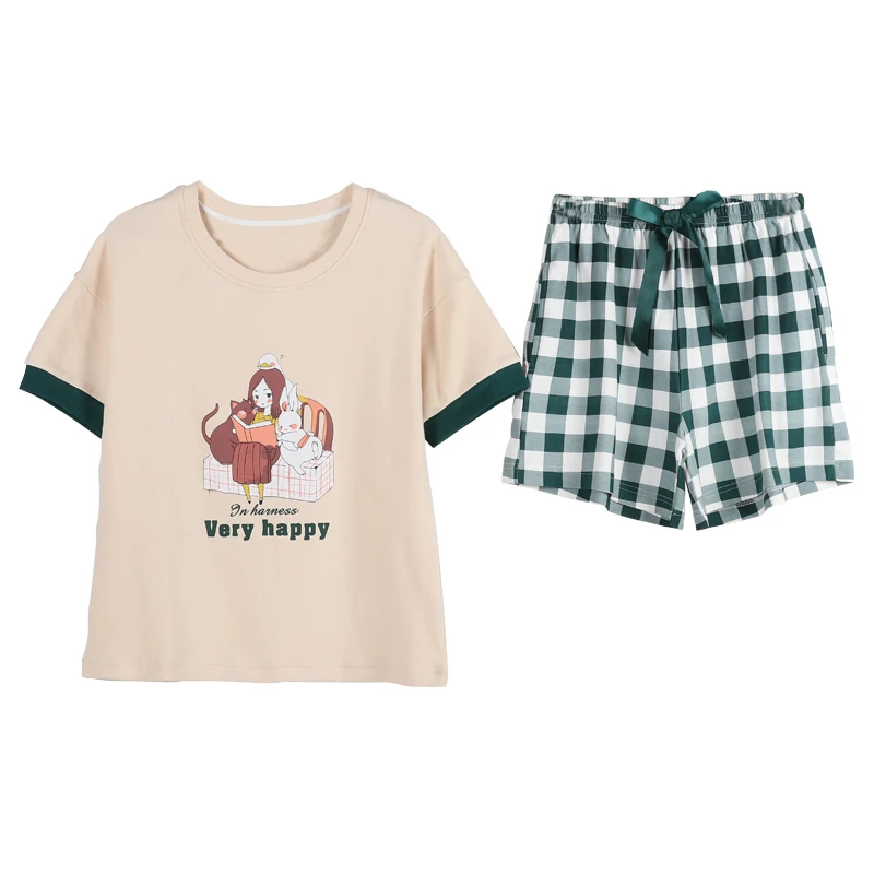 Летний короткий пижамный комплект, женская одежда для сна с животными, хлопок, короткий топ+ полосатые шорты, пижамные комплекты, домашняя одежда, Мультяшные женские пижамы