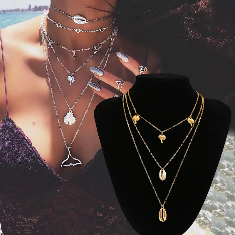 

New Popular Bohemia Seashell Necklace Beach Seaside Coconut Tree Long Chain Jewelry Choker Alloy Multilayer Women Necklace